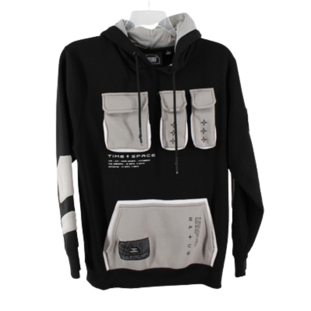 Mens Streetwear Hoodie Black Graphic Utility Pocket Pullover Size L Techwear